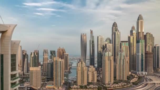 Skyscrapers of Dubai Marina near Sheikh Zayed Road with highest residential buildings morning timelapse — Stock Video