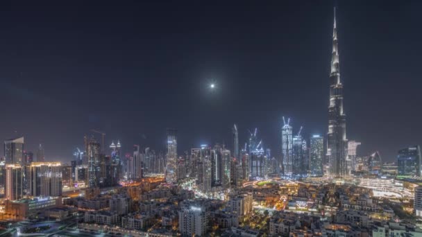 Dubai Downtown tutta la notte timelapse con grattacielo più alto e altre torri — Video Stock