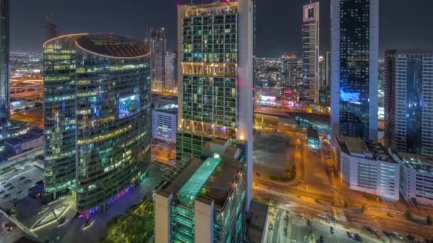 Dubai International Financial Center Wolkenkratzer Antenne Nacht Zeitraffer. — Stockvideo