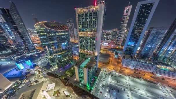 Dubai internationale finansielle center skyskrabere antenne nat timelapse. – Stock-video