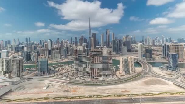 Panorama showing skyline of Dubai with business bay and downtown district timelapse. — Stock Video