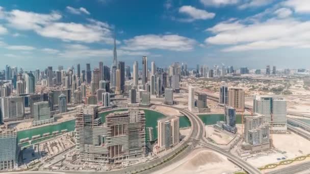 Panoramic skyline of Dubai with business bay and downtown district timelapse. — Stock Video