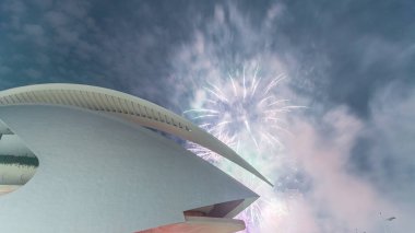 Valencia 'daki bir havai fişek gösterisi sırasında Palau de les Arts Reina Sofia' nın uçuş zamanı. Calatrava 'daki ikonik opera binasında fütürist kıvrımlar ve geceleri yansıyan havuzlar var. İspanya.