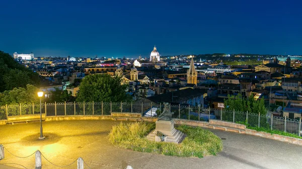 Panoramic cityscape view from the Pincio Landmark day to night transition aerial timelapse in Rome, Italy on a beautiful warm spring evening