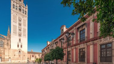 Seville Katedrali ve Giralda Kulesi 'nin Sevilla, İspanya' daki aşırı hızını gösteren panorama. Dünyanın en büyük gotik katedrali Virgen de los Reyes meydanında, mavi gökyüzünün altında.