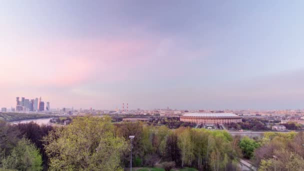 Panoramic view of Moscow City, Russia, from Sparrow Hills day to night timelapse — Stock Video