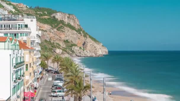 Kıyı kasaba Sesimbra, Portekiz timelapse üzerinde havadan görünümü — Stok video