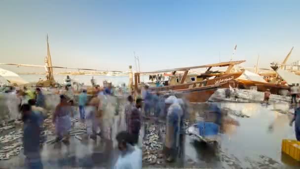 Mercado de peixe no emirado de Ajman timelapse. Emirados Árabes Unidos — Vídeo de Stock