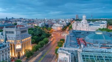 Madrid gün gece timelapse, güzel Panorama hava görünümünü Madrid Post Palacio comunicaciones, Plaza de Cibeles, Prueba, Banco de Espana, Calle de Alcala, İspanya için