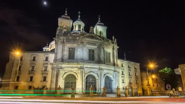 Koninklijke Basiliek San Francisco el Grande nacht timelapse hyperlapse in Madrid, Spanje. — Stockvideo