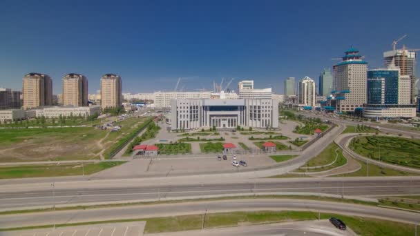 Vista superior sobre el centro de la ciudad y el timelapse del distrito central de negocios, Kazajstán, Astana — Vídeo de stock