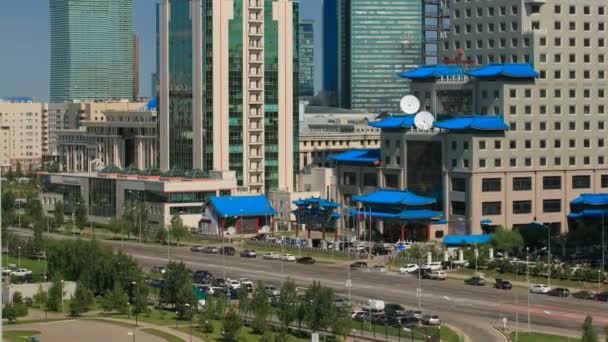 Υπερυψωμένη θέα πάνω από το κέντρο της πόλης και την κεντρική επιχειρηματική περιοχή Timelapse, Καζακστάν, Αστάνα — Αρχείο Βίντεο