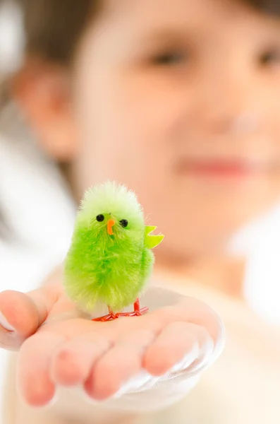 Sweet toddler girl playing with small fluffy pink bird toys isol