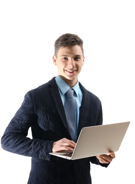 Glücklicher Teenager bei der College-Arbeit am Laptop isoliert auf weißem Rücken — Stockfoto