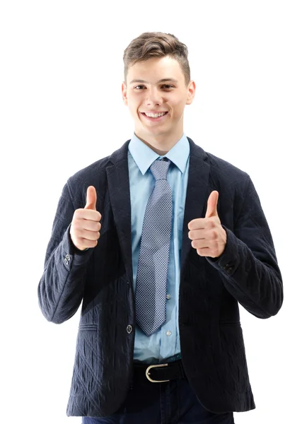 Feliz adolescente señalando bien con sus manos aisladas en bac blanco — Foto de Stock