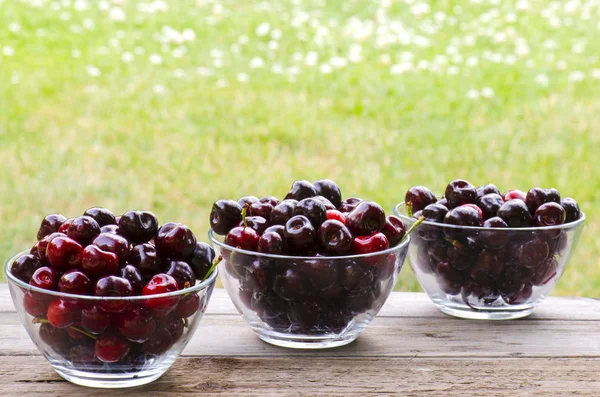 Cherries in 3 bowls on wood — Stock Photo, Image