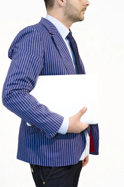 Seite des Geschäftsmannes winth white laptop — Stockfoto
