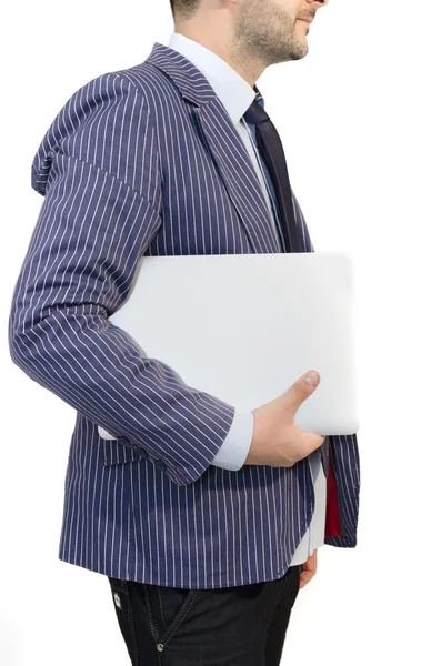 Seite des Geschäftsmannes mit Laptop isoliert — Stockfoto