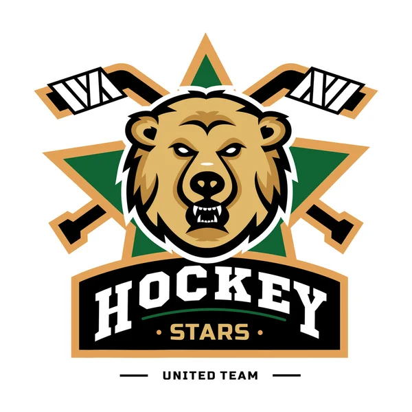 Plantilla de logotipo de hockey con cabeza de oso enojado sobre fondo blanco aislado — Vector de stock