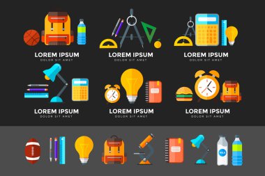 Vektör eğitim simgeler kümesi. Düz stil nesnesinde lise 