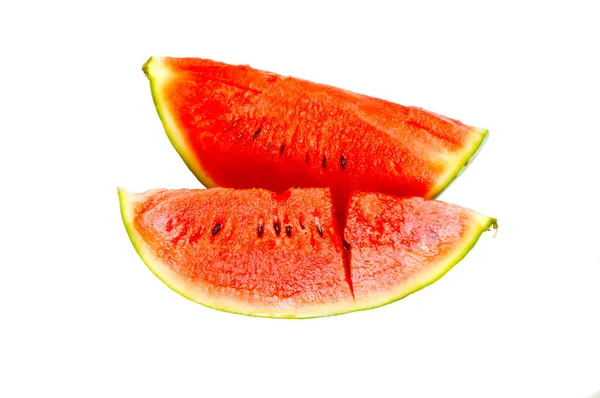 Skivor Mogen Röd Vattenmelon Saftig Fruktdessert Vit Bakgrund — Stockfoto