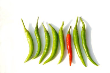 Kırmızı biber. Yeşiller arasındaki kırmızı kapsül, itüzümü familyasından Solanaceae 'ye ait olan Capsicum cinsinden bitkilerin meyvesidir..