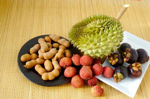 Tropical Fruits Durian Lychee Mangosteen Tamarind — Φωτογραφία Αρχείου