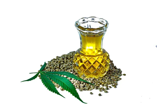 Hemp Oil Crystal Bowl Hemp Seeds Hemp Leaf White Background — Stock Photo, Image