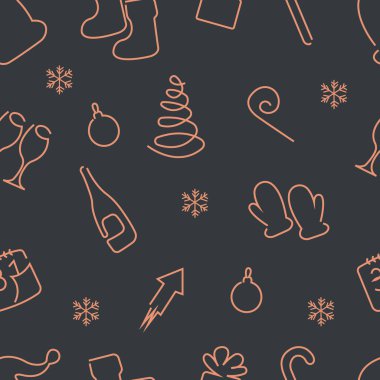 Yeni yıl tarzında, çeşitli unsurlarla izole edilmiş, çeşitli Noel hediyeleri ve sürprizleri için hediyeler, kartlar, ambalaj kağıtları, koyu mavi arka planda dekorasyon.