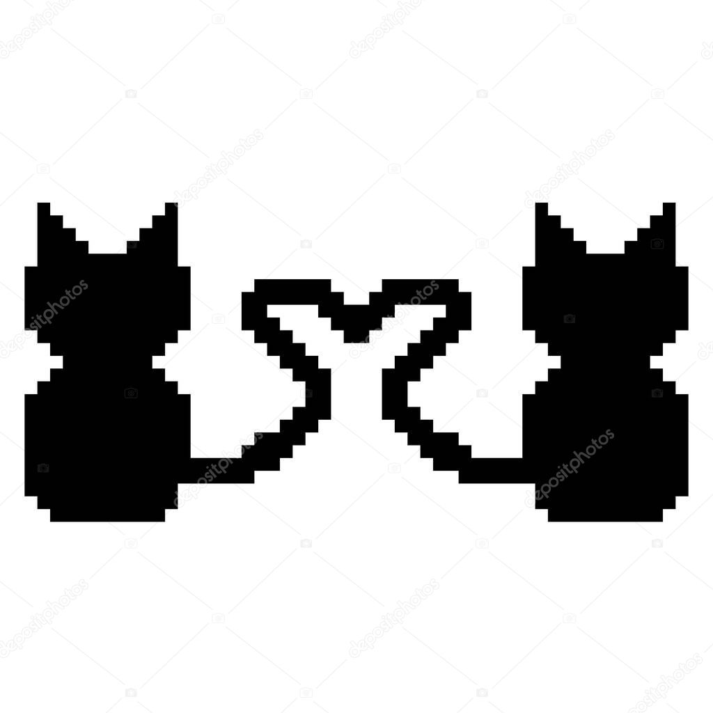 Pixel style silhouette of two black cats with heart-shaped tails. The design is suitable for postcards, paintings, factories, decor and nursery, T-shirt printing and clothing. Isolated vector