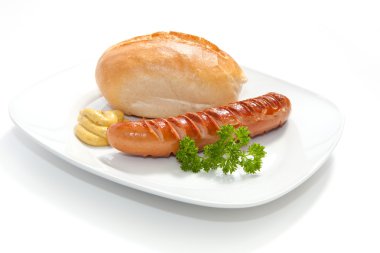 Grilled Sausage - Bratwurst with mustard, bread and parsley clipart