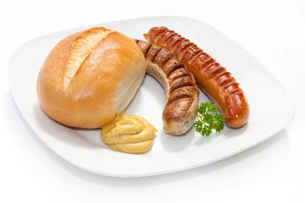 Grilled Sausage - Bratwurst with mustard, bread and parsley — Stock Photo, Image