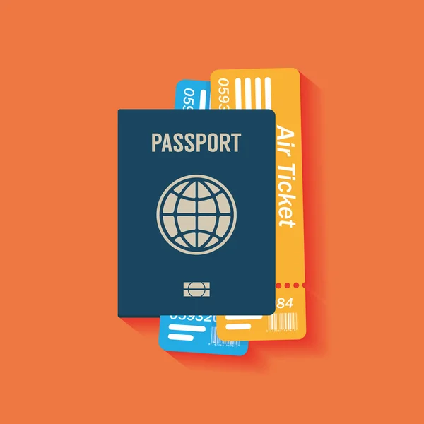 Passeport avec billets icône plate — Image vectorielle