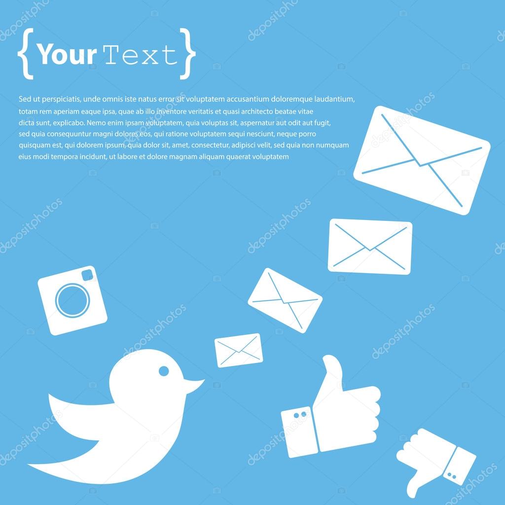 Vector illustration of twitter sign with envelopes, blue background