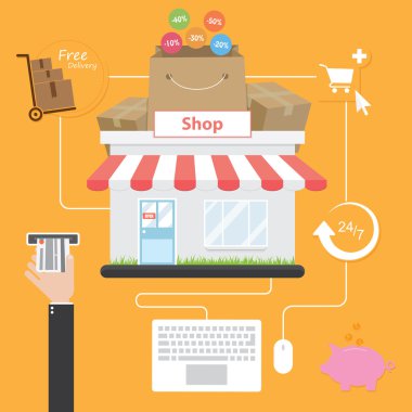 Online alışveriş. Düz stil. Internet üzerinden satın tasarruf