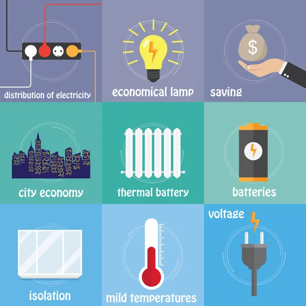 Iconos de color electricidad sobre fondo azul — Archivo Imágenes Vectoriales