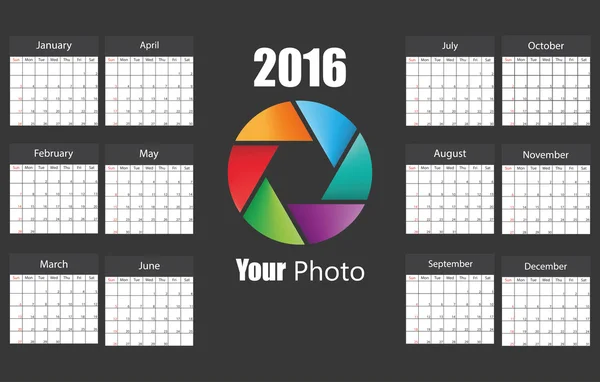 Modello calendario 2016 — Vettoriale Stock