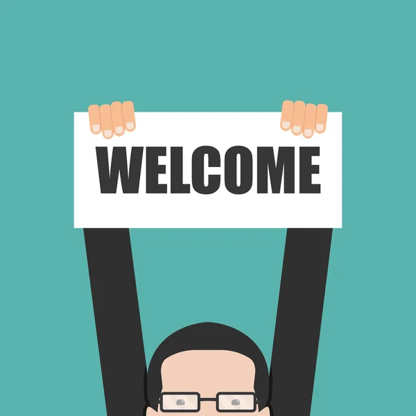 Businessman holding welcome banner — Stock Vector