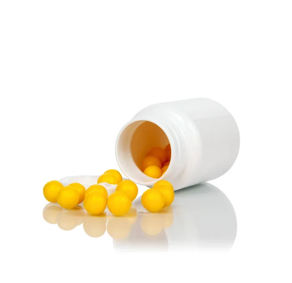 Yellow Pills Bottle Isolated White Background — Stock Photo, Image