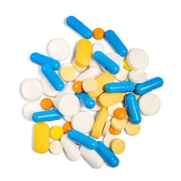 Una Pila Diferentes Píldoras Multicolores Tabletas Cápsulas Aisladas Sobre Fondo —  Fotos de Stock