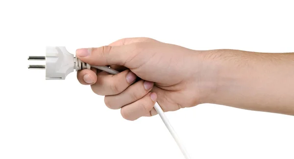 Ręka Człowieka Trzymająca Kabel Elektryczny Wtyczką Odizolowana Białym Tle Temat — Zdjęcie stockowe