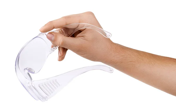 Mão Masculina Leva Óculos Segurança Transparentes Plástico Isolado Fundo Branco — Fotografia de Stock