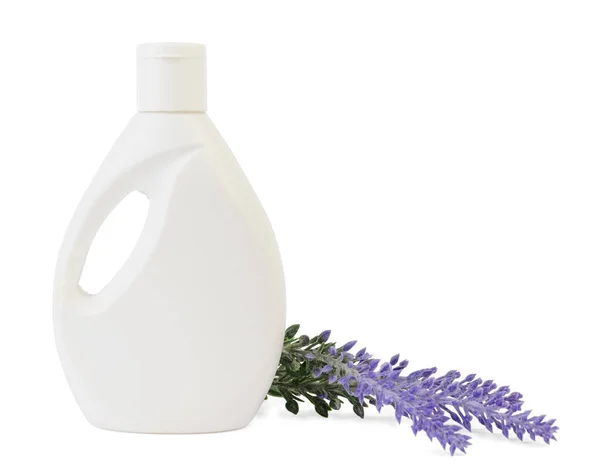 Witte Fles Vloeibare Zeep Lavendel Bloem Geïsoleerd Witte Achtergrond — Stockfoto