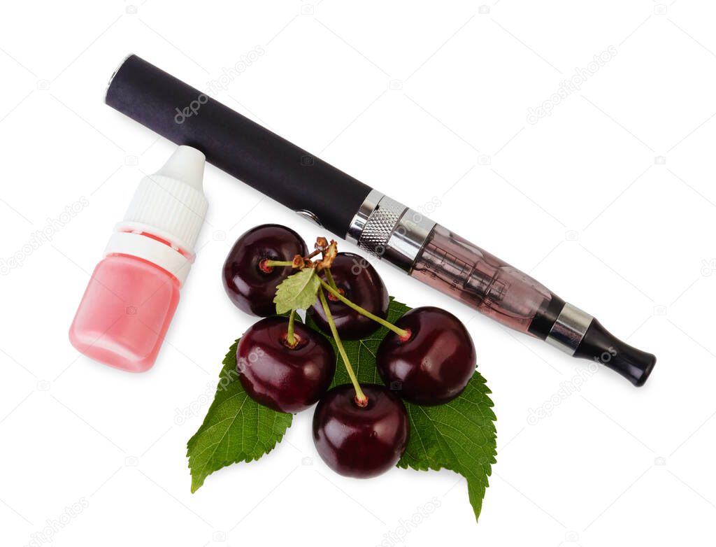 Electronic cigarette and bottle with liquid for smoking with cherry flavor isolated on white background. Top view.