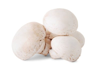 Beyaz arka planda izole edilmiş taze çiğ mantar grubu (şampiyonlar)
