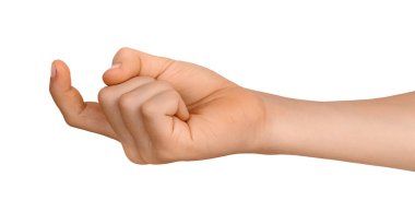 Çocuğun eli yamuk parmağını gösteriyor ve yaklaşması ya da takip etmesi için birini çağırıyor. Beyaz arkaplanda izole.