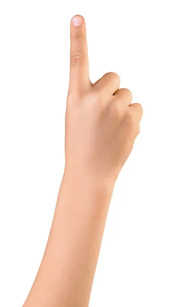 Child Hand Touching Pointing Something Forefinger Isolated White Background Top — Stock Photo, Image