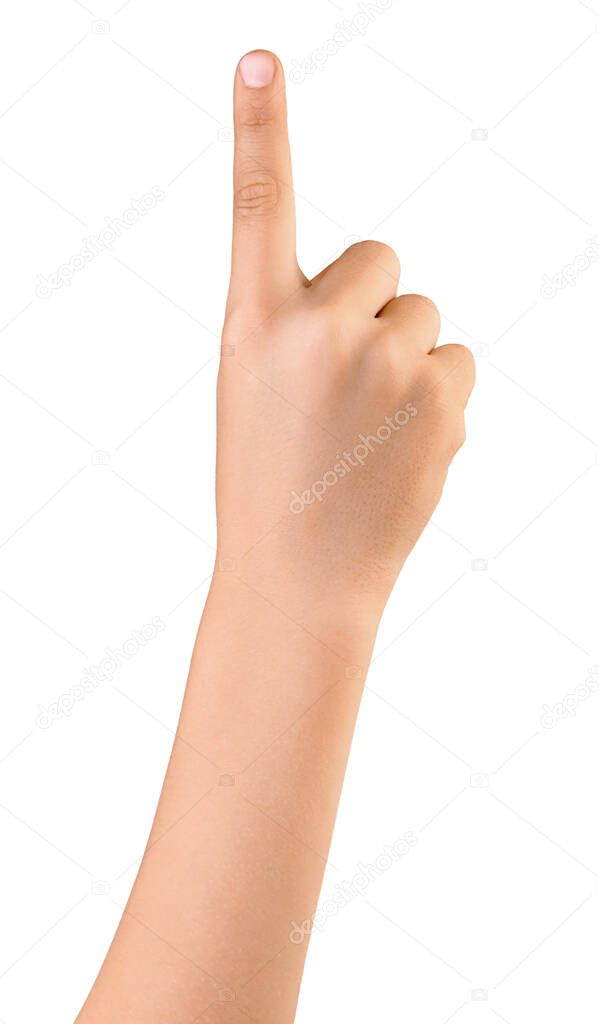 Child's hand touching or pointing to something by forefinger, isolated on white background. Top view.