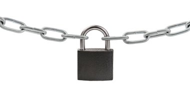 Locked padlock on metal chain isolated on white background. Protection, security and access concept. clipart