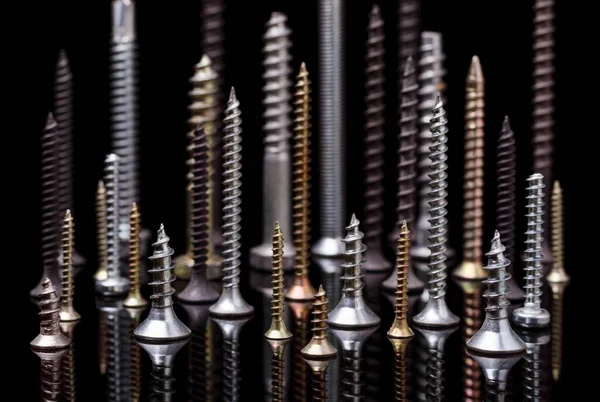 Metal vidalar, çeşitli boyutlar ve görüntüler, farklı uzunluklar ve ipliklerle, siyah bir arka planda izole edilmiş, seçici bir odak.